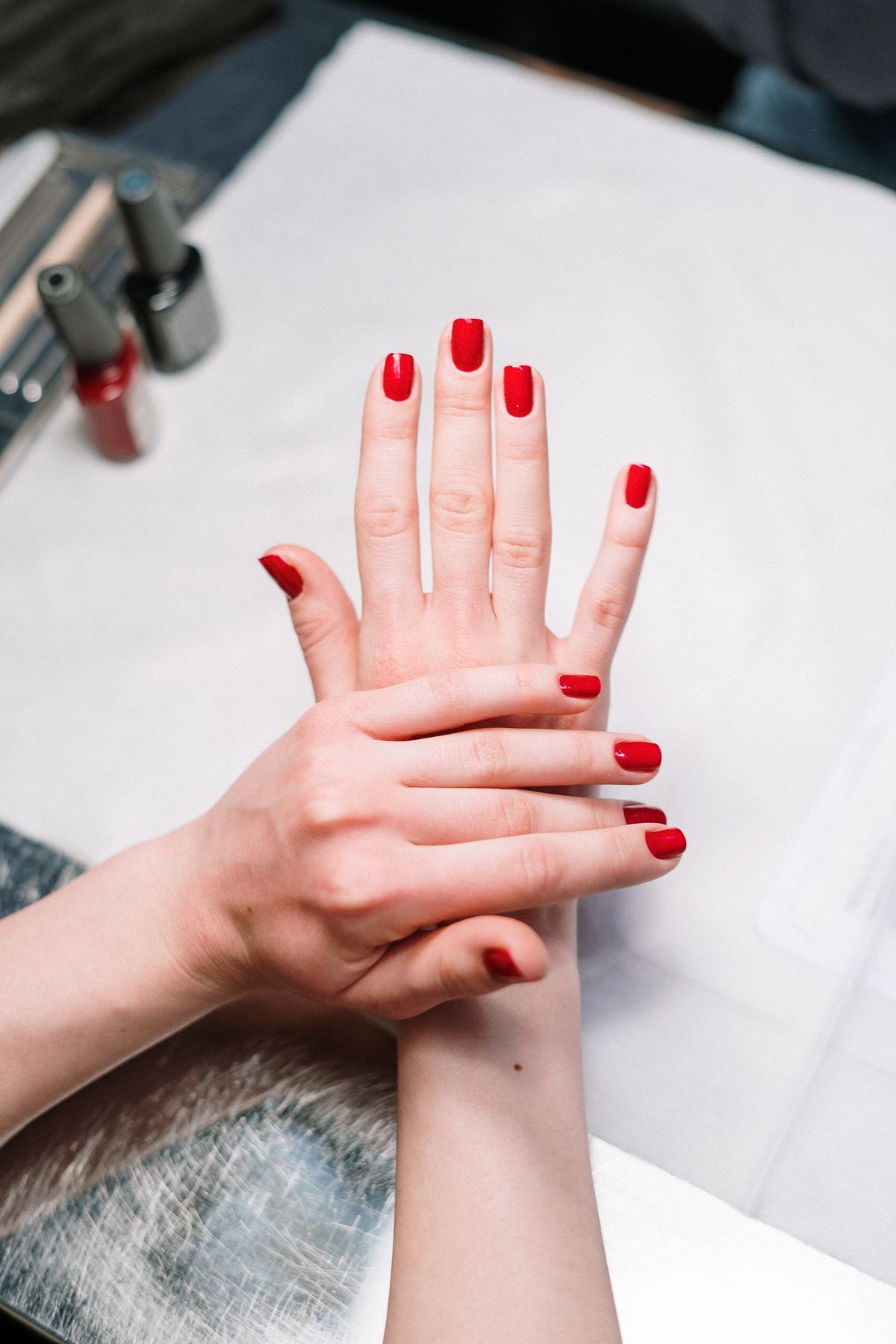 Finished gel manicure in classic red